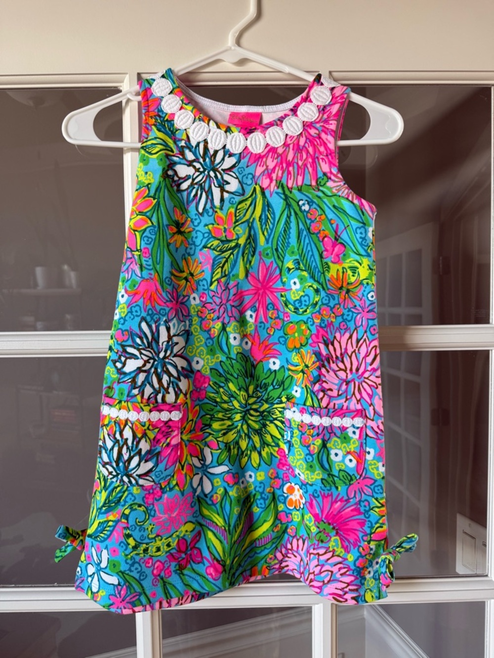 Lilly Pulitzer Girls Bright Blue Pink Green Floral Dress with White Shell Trim